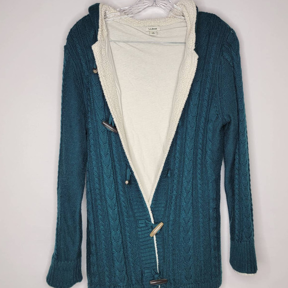 LL Bean Cardigan Womens Wool Blend Cable Knit Sweater Loop Closure Green Medium - Picture 4 of 10